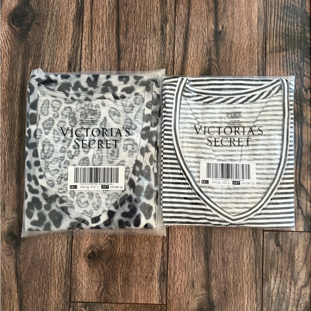 New!!!Victoria's Secret PINK Animal Print and Striped Tops - set of 2 large